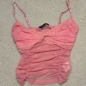 White Fox Boutique Pink Lace-Trim Ruched Cami Tank